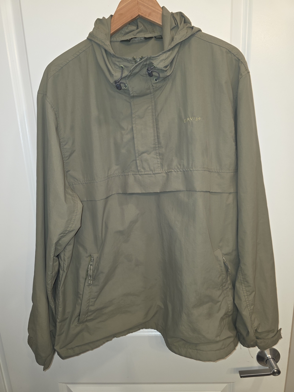 Men's Large Olive Green Orvis Hooded Windbreaker Pullover Jacket